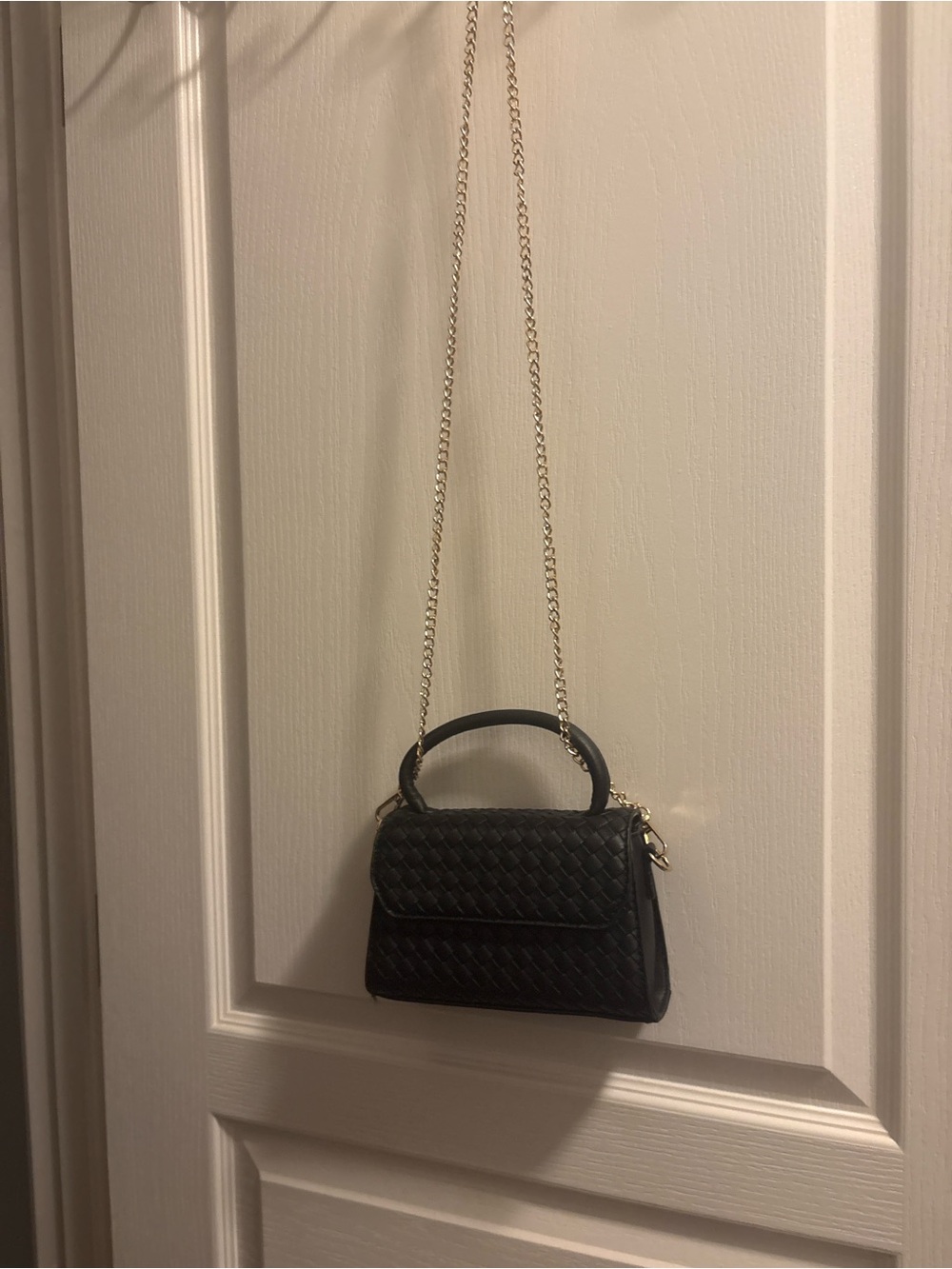 Black Quilted Top-Handle Crossbody Clutch with Gold Chain